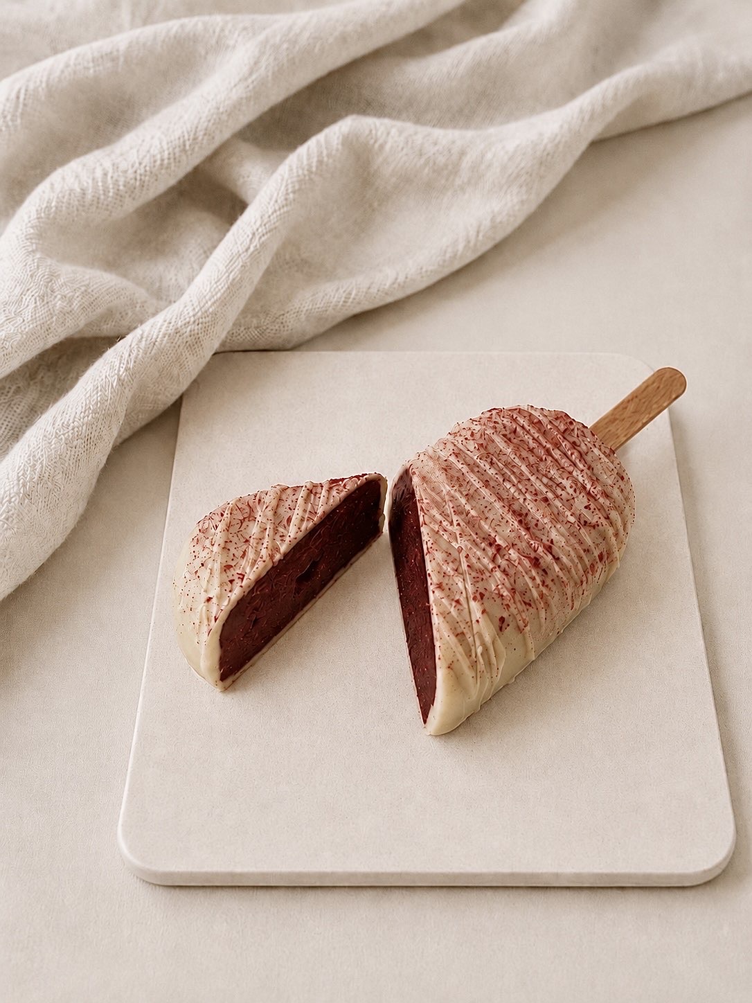 Bâtonnet glacé coupé en deux, montrant son cœur fondant, sur une plaque de marbre