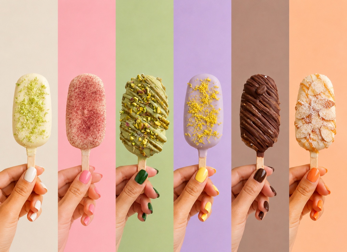 Les six bâtonnets glacés signature Ice to Meet You présentés côte à côte sur des fonds colorés